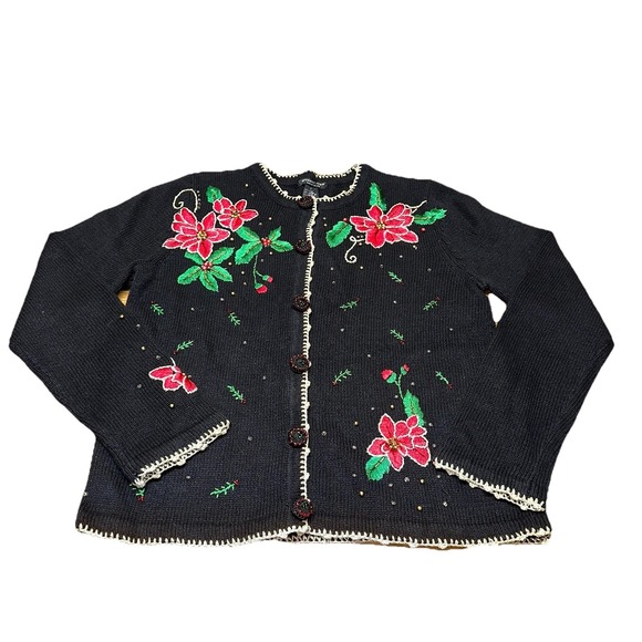 NWT Reference Point Black Cardigan Sweater Embellished Christmas Poinsettia S - Picture 1 of 8